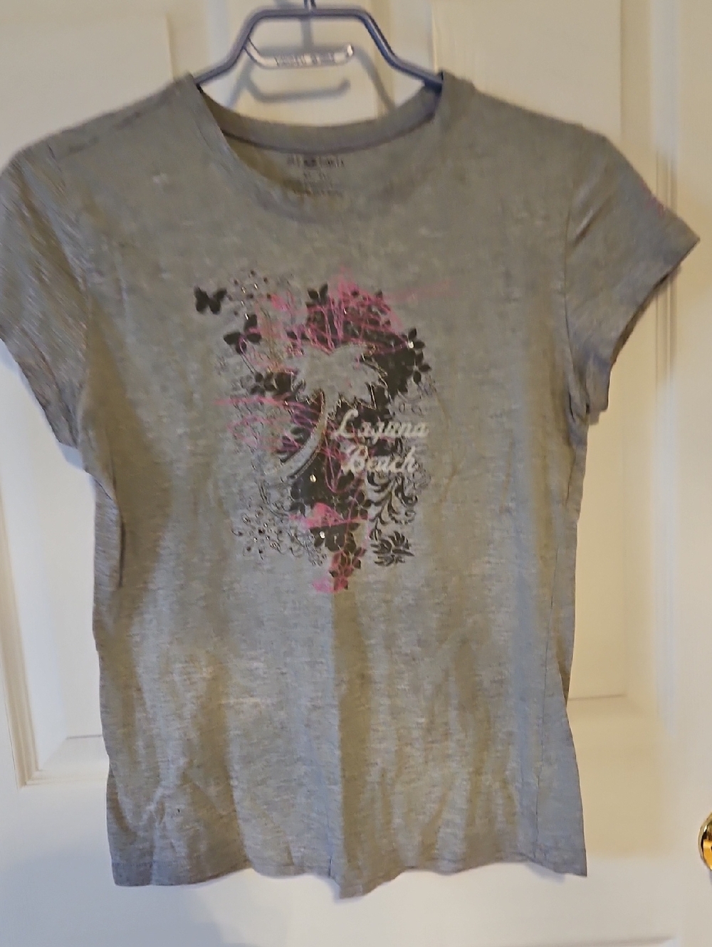 Gray Graphic Tee with Pink & Black Floral Print